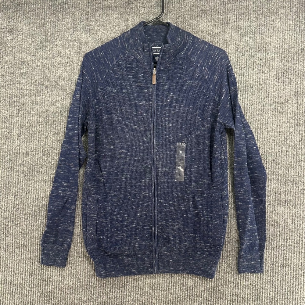 Club Room Full Zip Sweater Mens Small Navy Blue NWT Space Dye Mock Neck Cotton